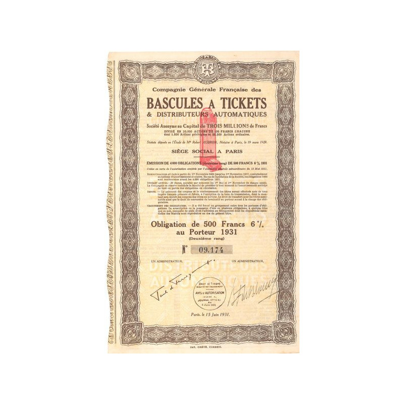 Cie Gale Française Bascules des Bascules à Tickets et Distributeurs Automatiques (Obl 500 F 6%)