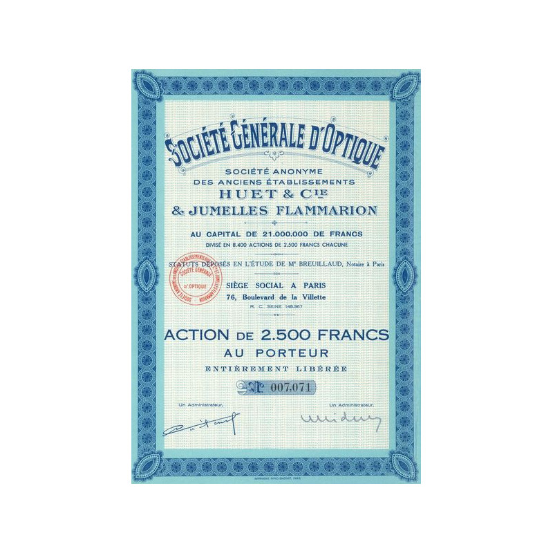 Sté Gale d'Optique S.A. des Anciens Etablissements Huet & Cie & Jumelles Flammarion (Act 2500 F)