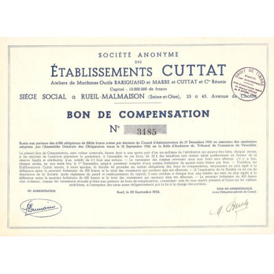 S.A. des Ets Cuttat - Ateliers de Machines Outils BARIQUAND et MARRE et CUTTAT et Cie Réunis (Bon de Compensation)