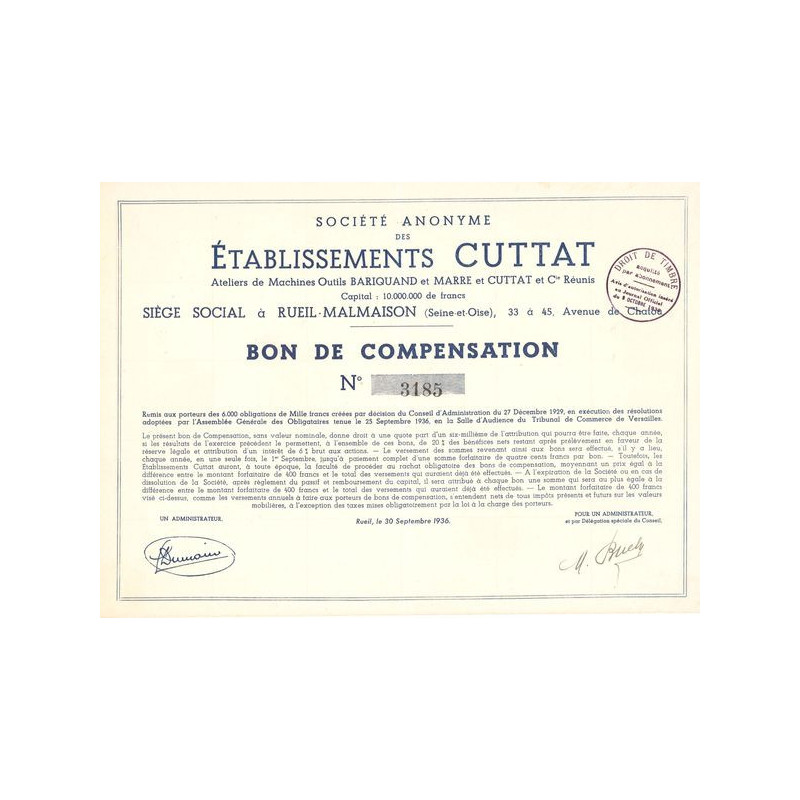 S.A. des Ets Cuttat - Ateliers de Machines Outils BARIQUAND et MARRE et CUTTAT et Cie Réunis (Bon de Compensation)