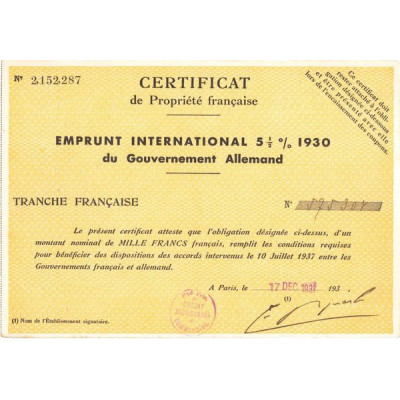 Certificat de Propriété Française Emprunt 5% 1/2 1930 du Gouvernement Allemand (Obl 1000 F)
