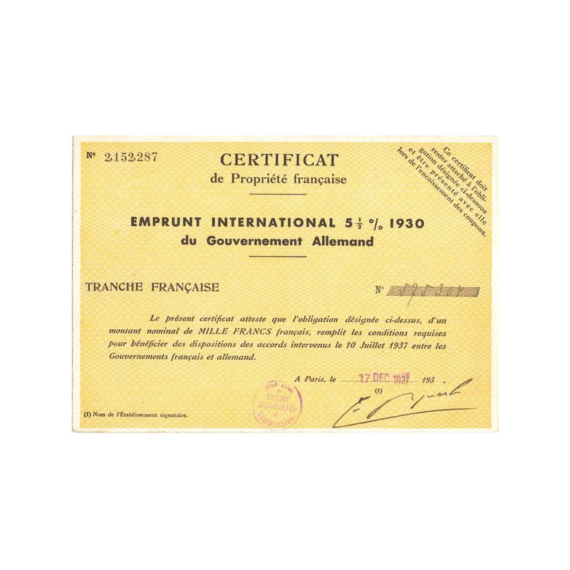 Certificat de Propriété Française Emprunt 5% 1/2 1930 du Gouvernement Allemand (Obl 1000 F)