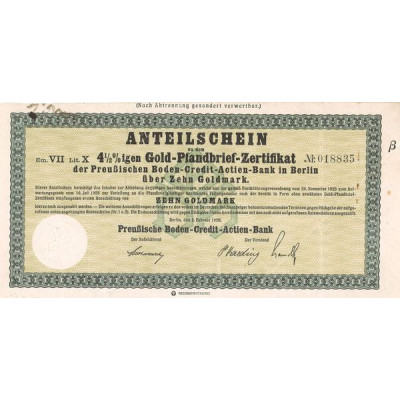 Anteilschein zu dem Em. VII Lit. X 4 1/2% igen Gold Pfandbrief-Zertifikat der Preussischen Boden-Credit-Actien-Bank in Berlin (C