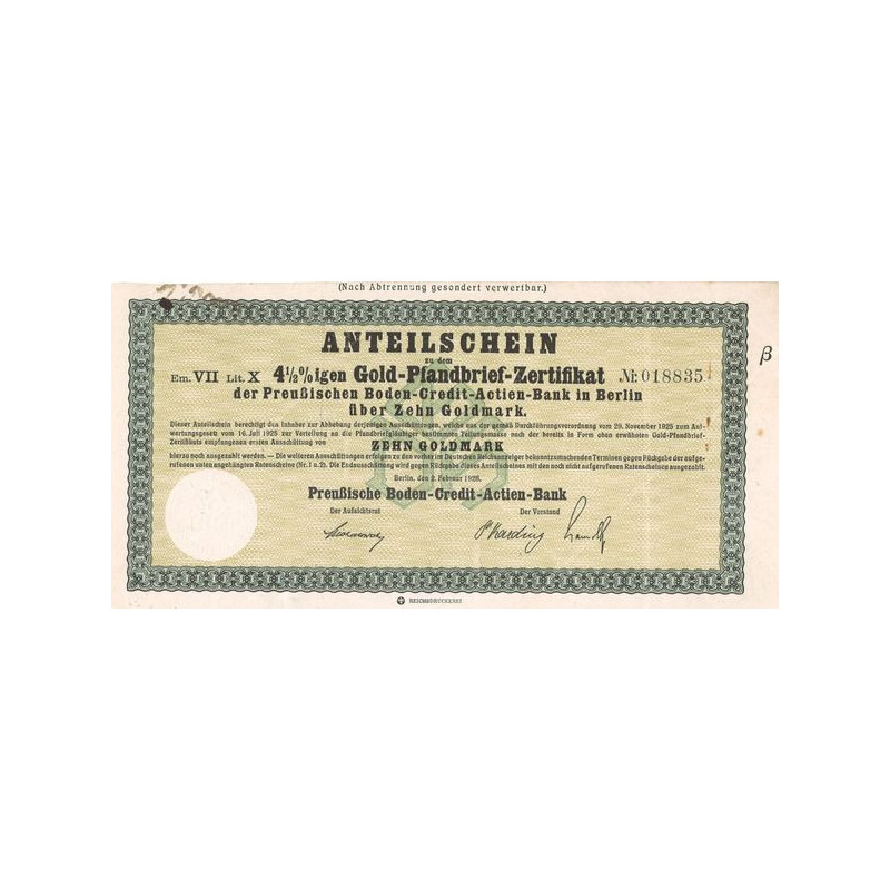 Anteilschein zu dem Em. VII Lit. X 4 1/2% igen Gold Pfandbrief-Zertifikat der Preussischen Boden-Credit-Actien-Bank in Berlin (C