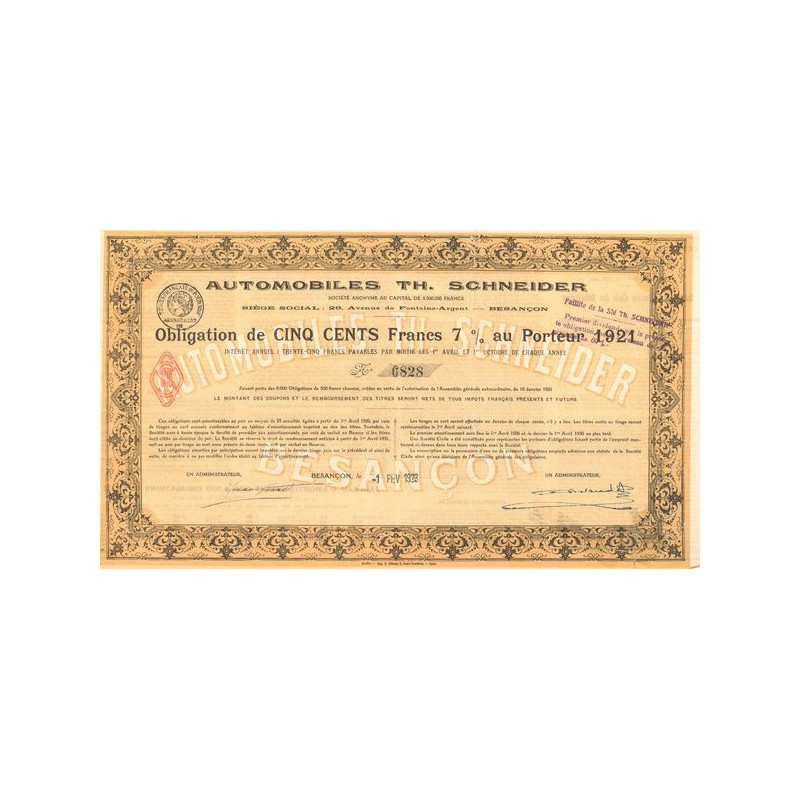 Automobiles Th. Schneider (Obl 500 F 7%) 1921