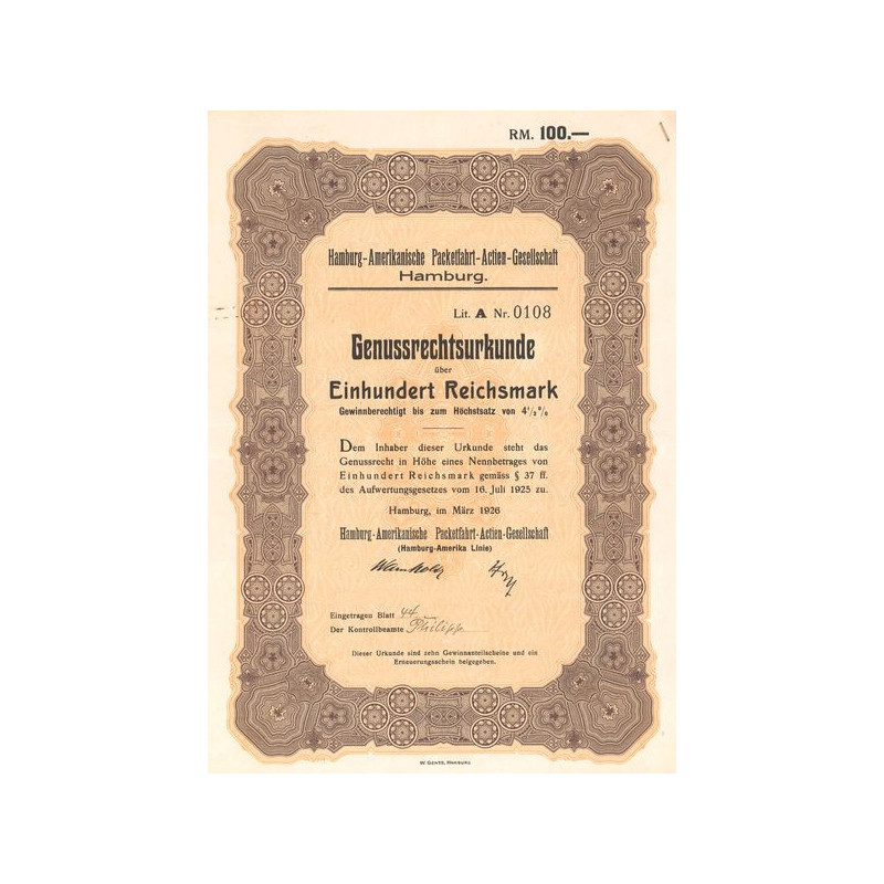 Hamburg-Amerikanische Packetfahrt-Actien-Gesellschaft (Act 100 RMark)