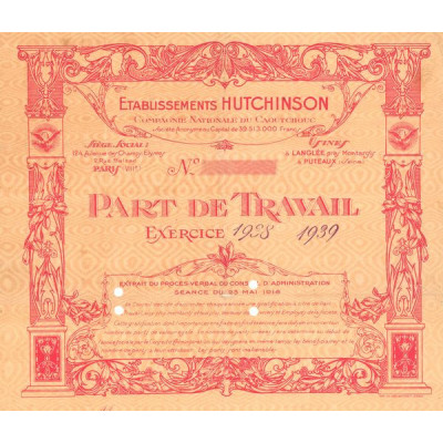 Ets Hutchinson Cie Nationale du Caoutchouc (Part de Travail)(Rouge)