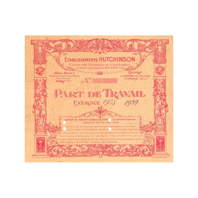 Ets Hutchinson Cie Nationale du Caoutchouc (Part de Travail)(Rouge)