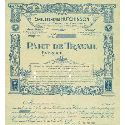 Ets Hutchinson Cie Nationale du Caoutchouc (Part de Travail)(Verte)