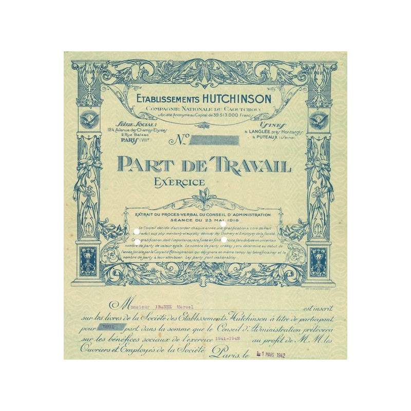 Ets Hutchinson Cie Nationale du Caoutchouc (Part de Travail)(Verte)