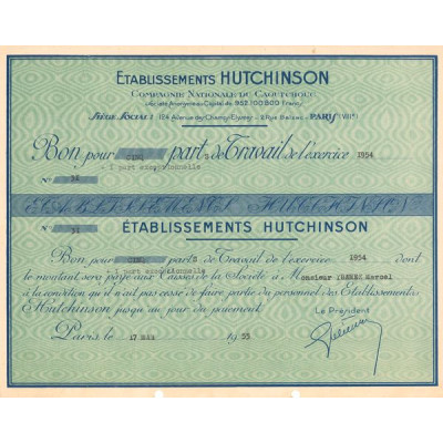 Ets Hutchinson - Cie Nationale du Caoutchouc (Bon 05 Parts de Travail)