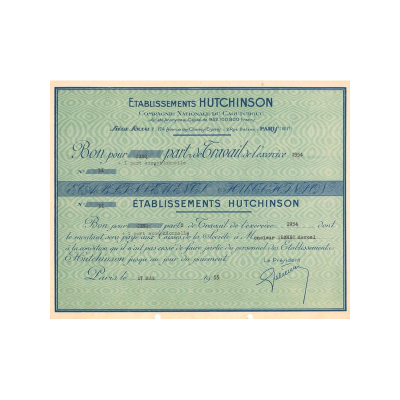 Ets Hutchinson - Cie Nationale du Caoutchouc (Bon 05 Parts de Travail)