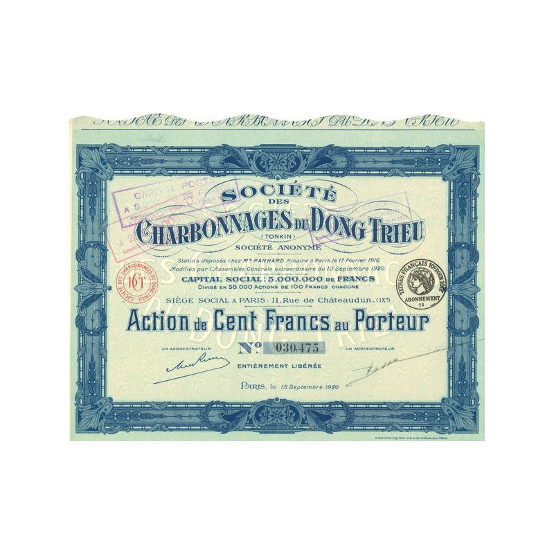 Sté des Charbonnages du Dong-Trieu (Tonkin) (Act 100 F)(Modele 2)