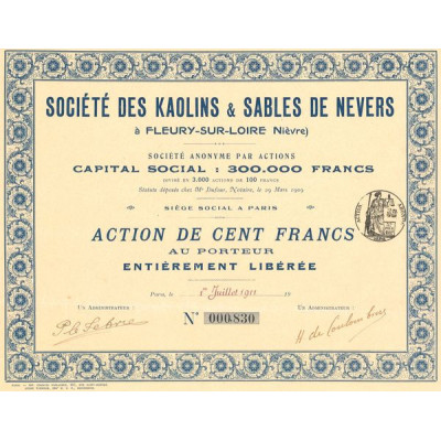 Sté des Kaolins & Sables de Nevers à Fleury-sur-Loire (Nièvre )(Act 100 F)