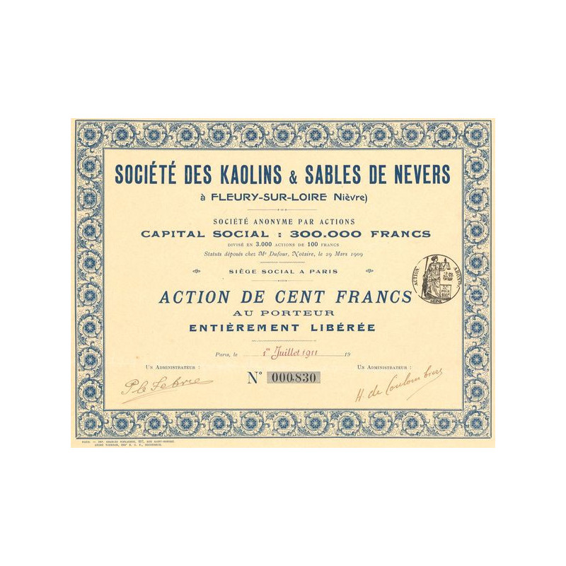 Sté des Kaolins & Sables de Nevers à Fleury-sur-Loire (Nièvre )(Act 100 F)