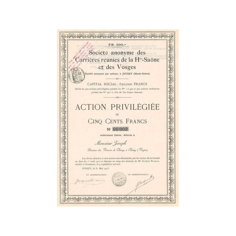 S.A. des Carrières Réunies de la Hte-Saône et des Vosges (Act 500 F)