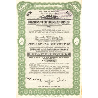 Sté des Chemins de Fer Vicinaux du Congo (Obl 500 F)
