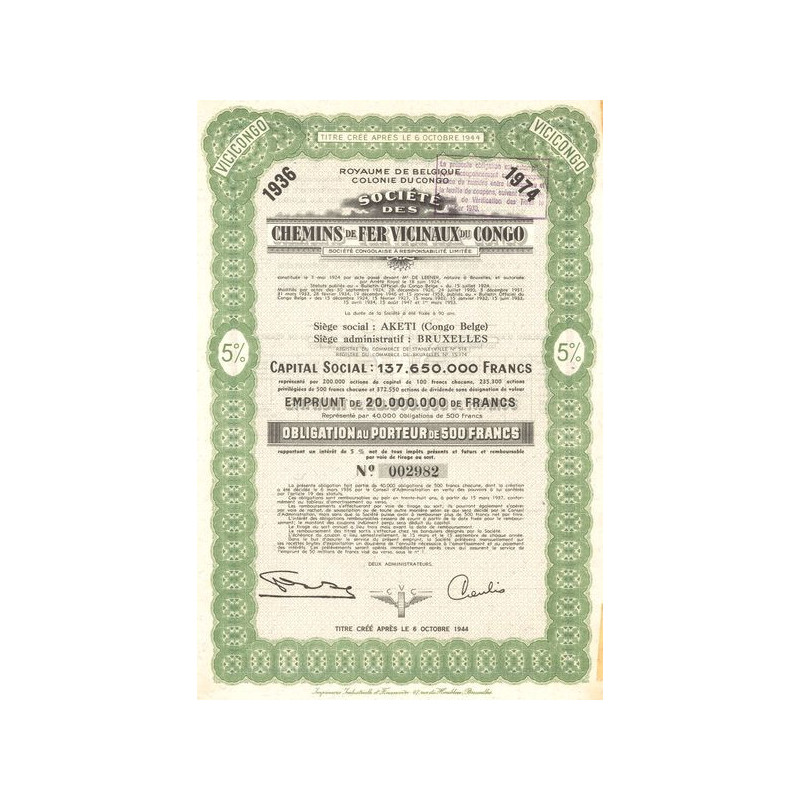 Sté des Chemins de Fer Vicinaux du Congo (Obl 500 F)