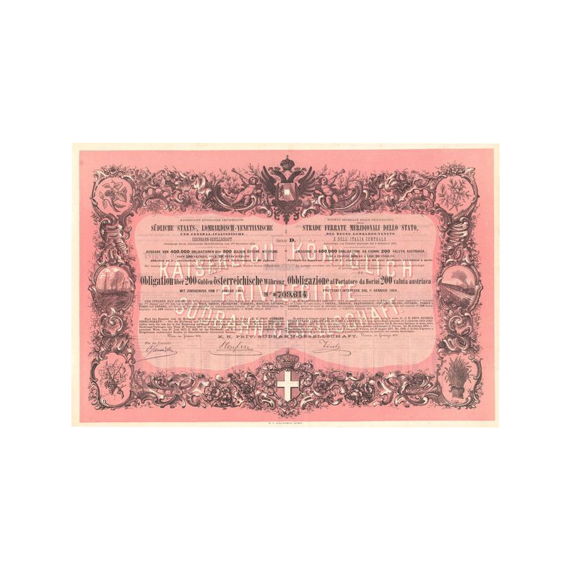 Cie Imperiale et Royale Privilégiée des Chemins de Fer du Sud de l'Autriche du Royaume Lombard-Vénitien "Serie D"(Obl 500 F)
