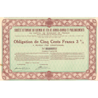 Sté Ottomane du Chemin de Fer de Damas-Hamah et Prolongements (Obl 500 F 3%)