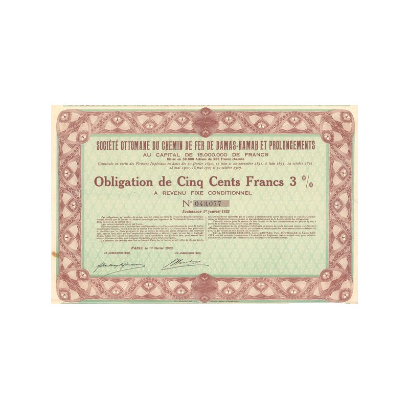 Sté Ottomane du Chemin de Fer de Damas-Hamah et Prolongements (Obl 500 F 3%)