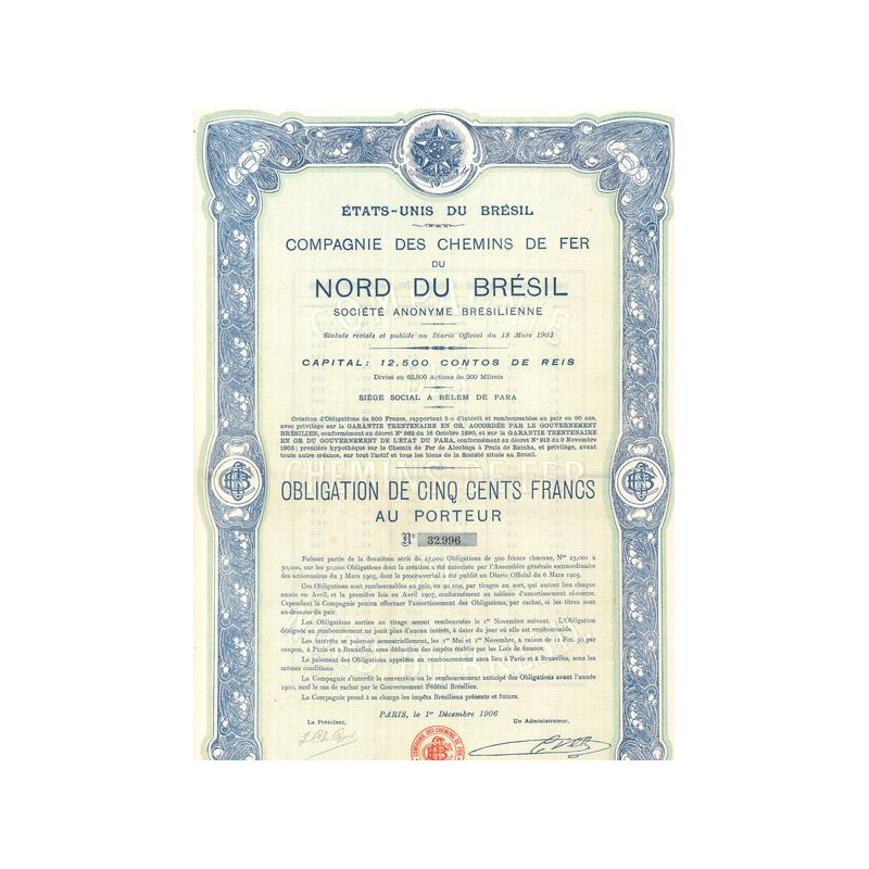 Etats-Unis du Brésil - Cie du Chemin de Fer du Nord du Brésil (Obl 500 F)