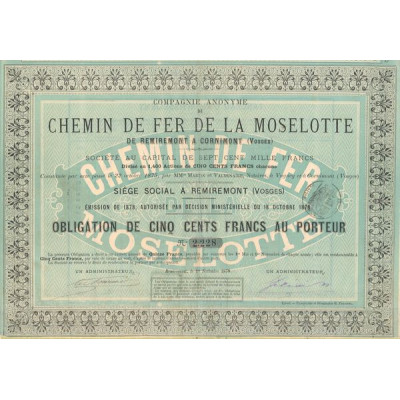 Cie Anonyme du Chemin de Fer de la Moselotte de Remiremont à Cornimont (Vosges) (Obl 500 F)
