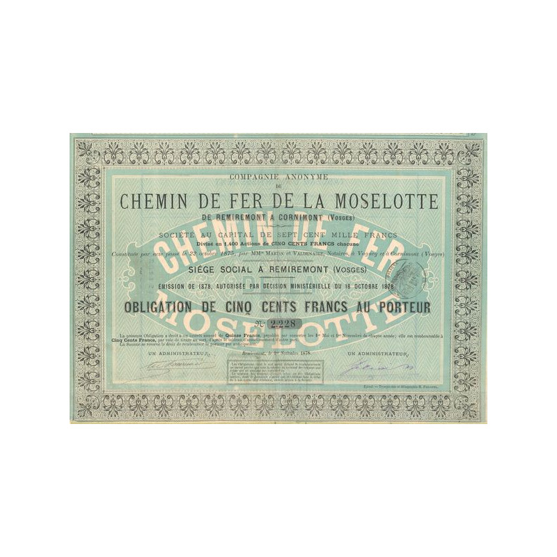 Cie Anonyme du Chemin de Fer de la Moselotte de Remiremont à Cornimont (Vosges) (Obl 500 F)