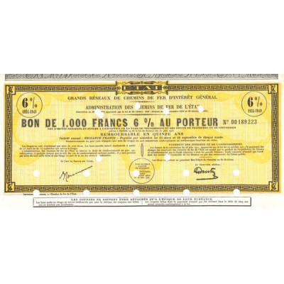 Grands Réseaux de Chemins de Fer d'Intérêt Général - Administration des Chemins de Fer de l'Etat - Bon 6 % 1934-1949 (Bon 1000 F