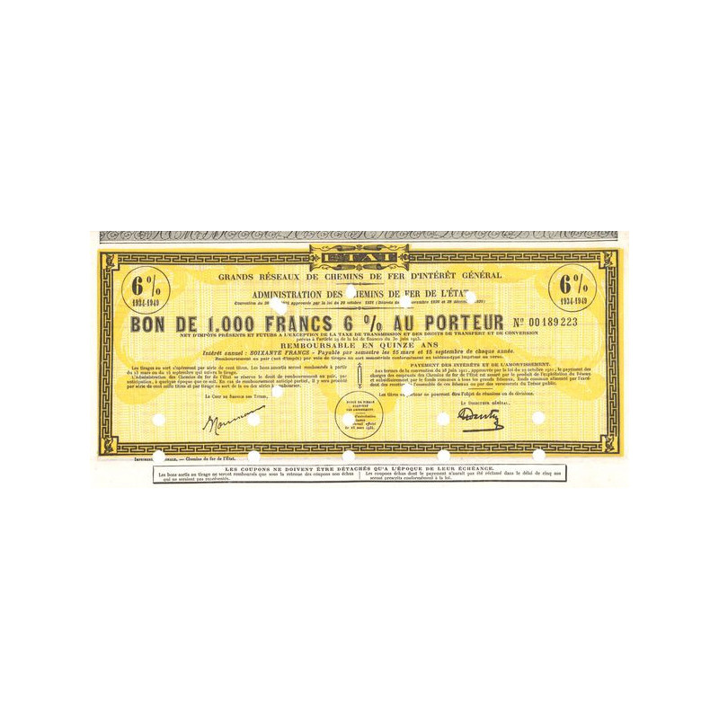 Grands Réseaux de Chemins de Fer d'Intérêt Général - Administration des Chemins de Fer de l'Etat - Bon 6 % 1934-1949 (Bon 1000 F