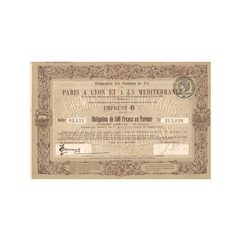 Cie des Chemins de Fer de Paris à Lyon et à la Méditerranée (Obl 500 F 6 %)