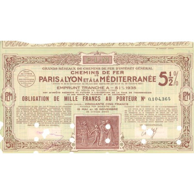 Grands Réseaux de Chemins de Fer d'Intérêt Général - Chemins de Fer de Paris à Lyon et à la Méditerranée - Emprunt 5 1/2 % 1935 