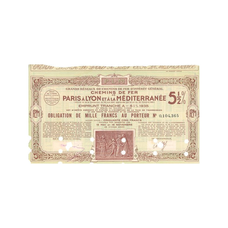 Grands Réseaux de Chemins de Fer d'Intérêt Général - Chemins de Fer de Paris à Lyon et à la Méditerranée - Emprunt 5 1/2 % 1935 