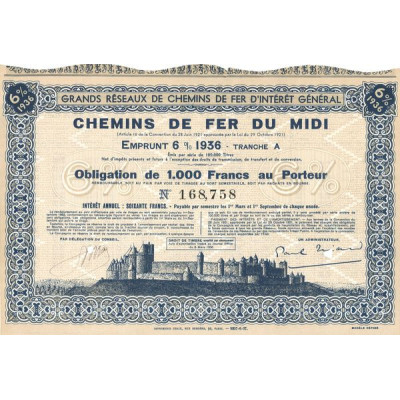 Grands Réseaux de Chemins de Fer d'Intérêt Général - Chemins de Fer du Midi Emprunt 6% 1936 Tranche A (Obl 1000 F 6%)