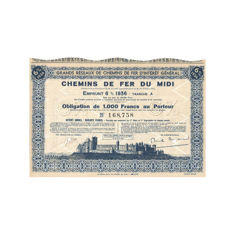 Grands Réseaux de Chemins de Fer d'Intérêt Général - Chemins de Fer du Midi Emprunt 6% 1936 Tranche A (Obl 1000 F 6%)