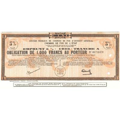 Grands Réseaux de Chemins de Fer d'Intérêt Général - Chemins de Fer de l'Etat - Emprunt 5% 1933 Tranche A (Obl 1000 F 5%)