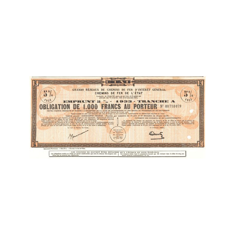 Grands Réseaux de Chemins de Fer d'Intérêt Général - Chemins de Fer de l'Etat - Emprunt 5% 1933 Tranche A (Obl 1000 F 5%)