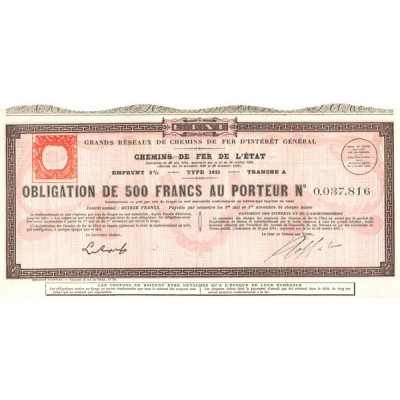 Grands Réseaux de Chemins de Fer d'Intérêt Général - Chemins de Fer de l'Etat - Emprunt 3% 1921 Tranche A (Obl 500 F 3%)