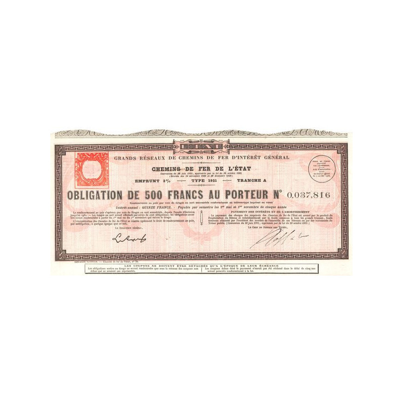 Grands Réseaux de Chemins de Fer d'Intérêt Général - Chemins de Fer de l'Etat - Emprunt 3% 1921 Tranche A (Obl 500 F 3%)