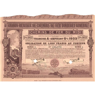 Grands Réseaux de Chemins de Fer d'Intérêt Général - Chemins de Fer du Midi - Emprunt 5% 1933 Serie 2 (Obl 1000 F 5%)