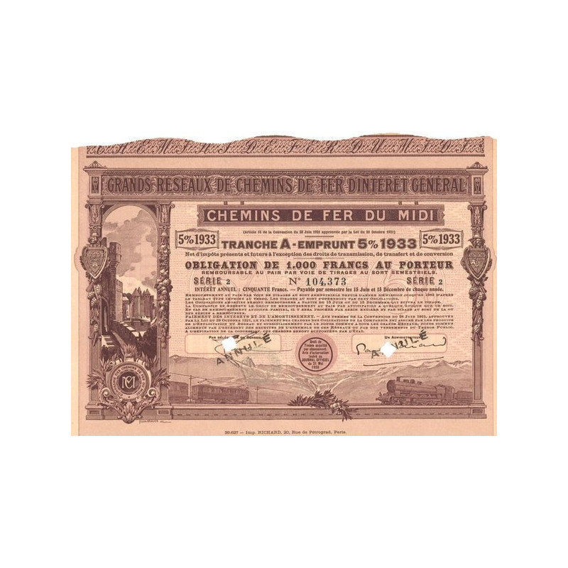 Grands Réseaux de Chemins de Fer d'Intérêt Général - Chemins de Fer du Midi - Emprunt 5% 1933 Serie 2 (Obl 1000 F 5%)