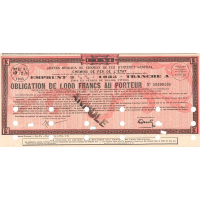 Grands Réseaux de Chemins de Fer d'Intérêt Général - Chemins de Fer de l'Etat - Emprunt 5% 1/2 - 1935 Tranche A (Obl 1000 F 5% 1