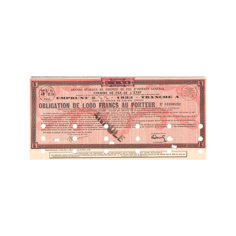 Grands Réseaux de Chemins de Fer d'Intérêt Général - Chemins de Fer de l'Etat - Emprunt 5% 1/2 - 1935 Tranche A (Obl 1000 F 5% 1