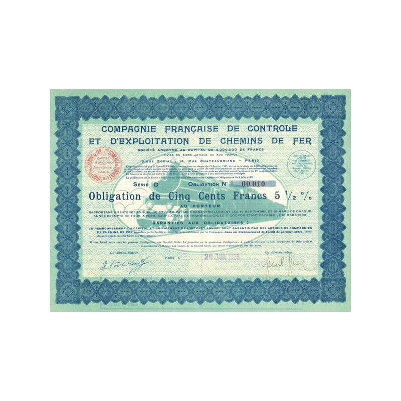Cie Française de Contrôle et d'Exploitation de Chemins de Fer (Obl 500 F 5% 1/2)