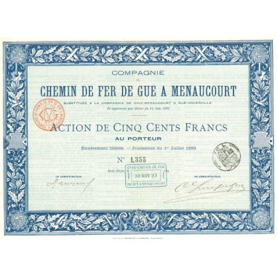 Cie du Chemin de Fer de Guë à Menaucourt (Act 500 F)