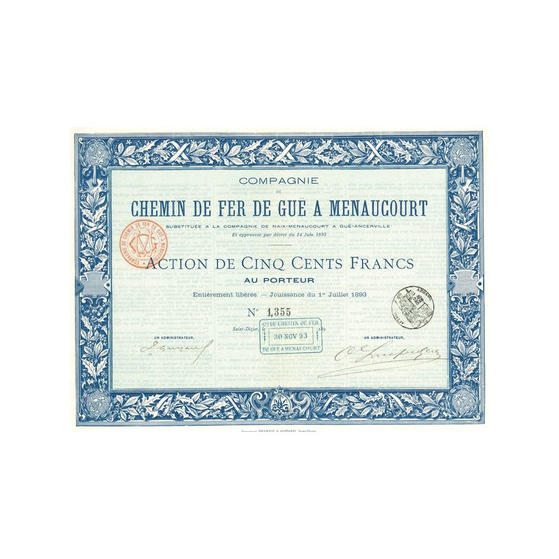 Cie du Chemin de Fer de Guë à Menaucourt (Act 500 F)