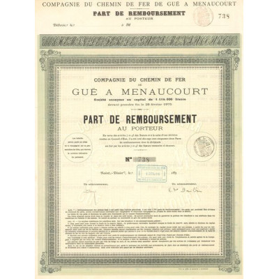 Cie du Chemin de Fer de Guë à Menaucourt (Part de Remboursement)