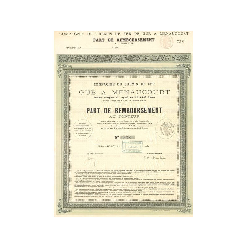 Cie du Chemin de Fer de Guë à Menaucourt (Part de Remboursement)