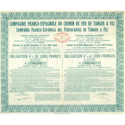 Cie Franco-Espagnole du Chemin de Fer de Tanger à Fez (Obl 5 % 1000 F)(verte)