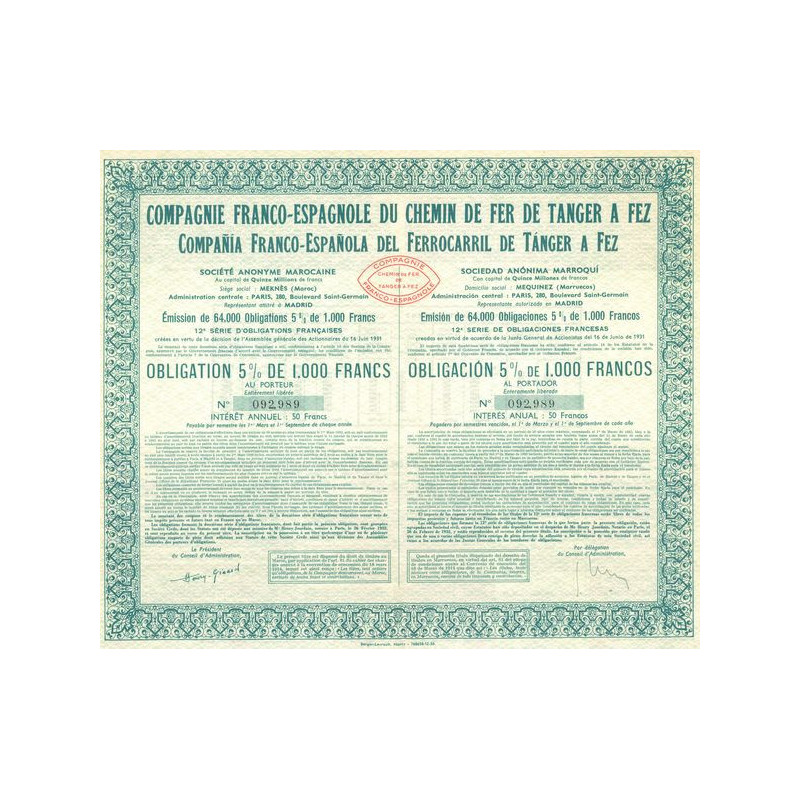 Cie Franco-Espagnole du Chemin de Fer de Tanger à Fez (Obl 5 % 1000 F)(verte)